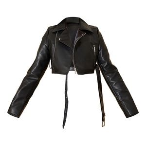 Black cropped belted biker jacket